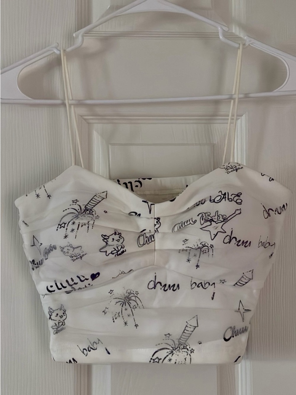 White Graphic Ruched Spaghetti Strap Crop Top